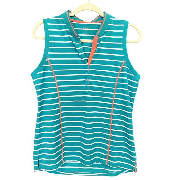 Rafaella Weekend Golf Striped Turquoise + Orange V-Neck Polo Top Size Medium - Picture 1 of 4